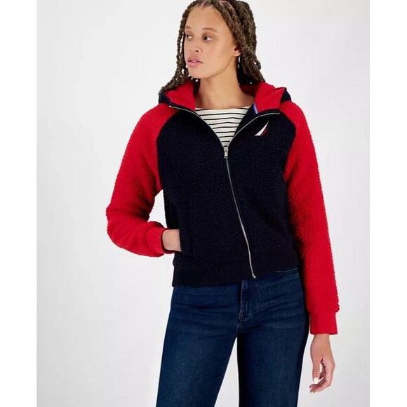 Nautica Jeans Women's sherpa Color blocked Zip-Up Sherpa Jacket Warm & Cozy L - Picture 1 of 6